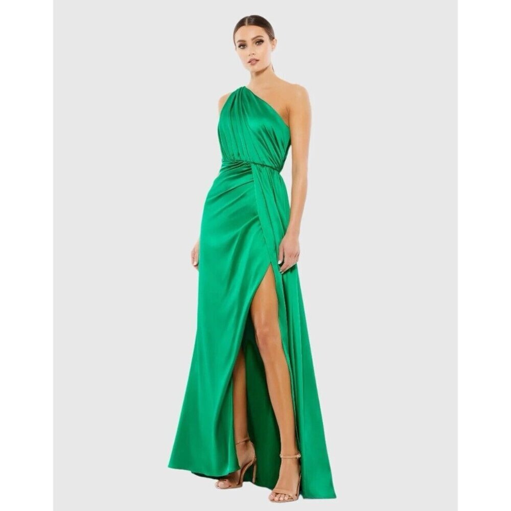 Mac Duggal 26654 Green Satin One Shoulder Long Formal Gown Dress